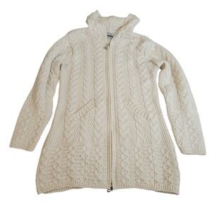 Aran Crafts Long Hooded Celtic Knot Zip Front Irish Sweater Cable Merino Wool S